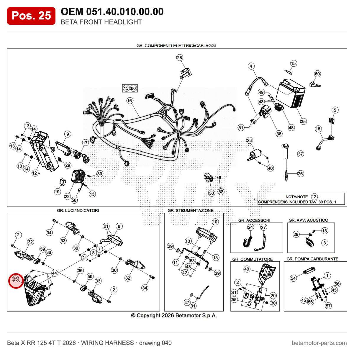 BETA FRONT HEADLIGHT – OEM 051.40.010.00.00, position 25 on the Beta X RR 125 4T T 2026 wiring harness drawing