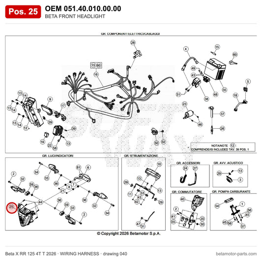 BETA FRONT HEADLIGHT – OEM 051.40.010.00.00, position 25 on the Beta X RR 125 4T T 2026 wiring harness drawing