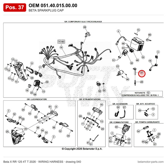 BETA SPARKPLUG CAP – OEM 051.40.015.00.00, position 37 on the Beta X RR 125 4T T 2026 wiring harness drawing