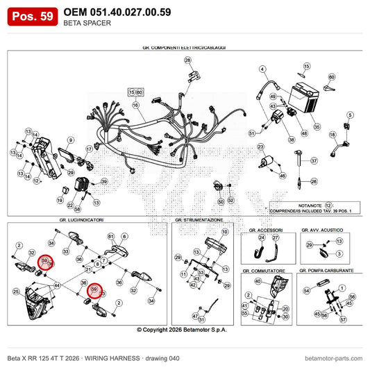BETA SPACER_7 – OEM 051.40.027.00.59, position 59 on the Beta X RR 125 4T T 2026 wiring harness drawing