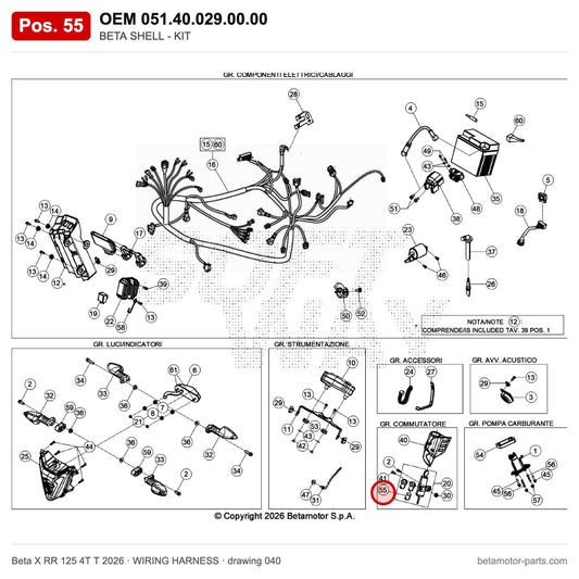 BETA SHELL - KIT – OEM 051.40.029.00.00, position 55 on the Beta X RR 125 4T T 2026 wiring harness drawing