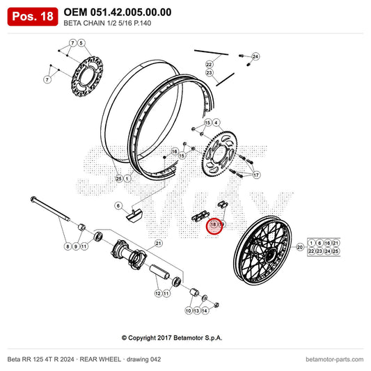 BETA CHAIN 1/2 5/16 P.140 – OEM 051.42.005.00.00, position 18 on the Beta RR 125 4T R 2024 rear wheel drawing
