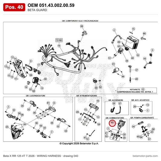 BETA GUARD BLACK RR 4T 125 T – OEM 051.43.002.00.59, position 40 on the Beta X RR 125 4T T 2026 wiring harness drawing