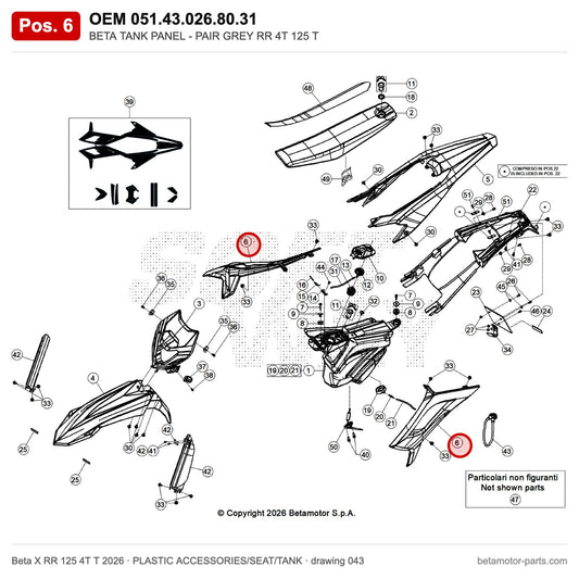 BETA TANK PANEL - PAIR GREY RR 4T 125 T – OEM 051.43.026.80.31, position 6 on the Beta X RR 125 4T T 2026 plastic accessories/seat/tank drawing