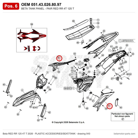 BETA TANK PANEL - PAIR RED RR 4T 125 T – OEM 051.43.026.80.97, position 6 on the Beta RED RR 125 4T T 2026 plastic accessories/seat/tank drawing