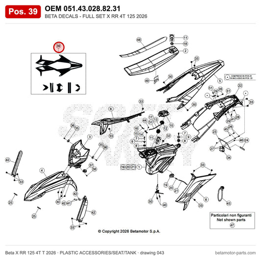 BETA DECALS - FULL SET X RR 4T 125 2026 – OEM 051.43.028.82.31, position 39 on the Beta X RR 125 4T T 2026 plastic accessories/seat/tank drawing