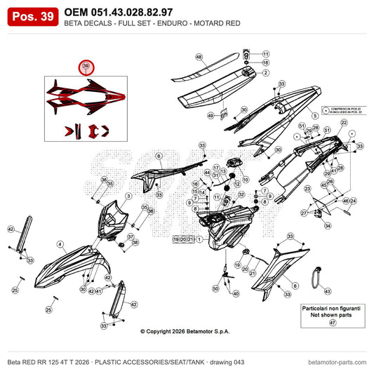 BETA DECALS - FULL SET - ENDURO - MOTARD RED – OEM 051.43.028.82.97, position 39 on the Beta RED RR 125 4T T 2026 plastic accessories/seat/tank drawing