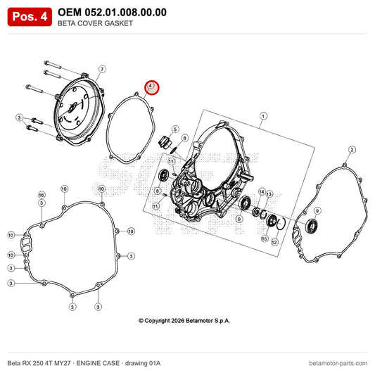 BETA COVER GASKET – OEM 052.01.008.00.00, position 4 on the Beta RX 250 4T MY27 engine case drawing