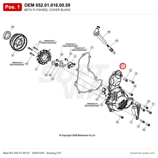 BETA FLYWHEEL COVER BLACK – OEM 052.01.016.00.59, position 1 on the Beta RX 250 4T MY27 ignition drawing