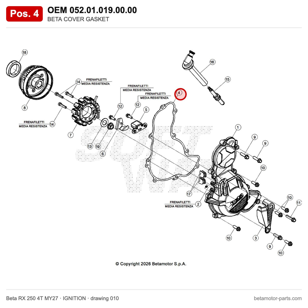 BETA COVER GASKET – OEM 052.01.019.00.00, position 4 on the Beta RX 250 4T MY27 ignition drawing