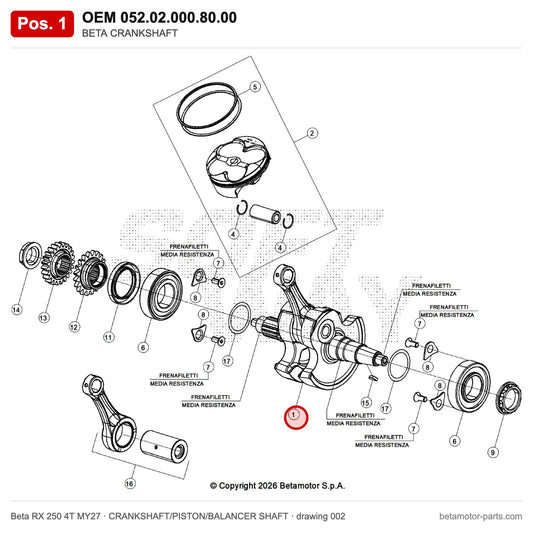 BETA CRANKSHAFT – OEM 052.02.000.80.00, position 1 on the Beta RX 250 4T MY27 crankshaft/piston/balancer shaft drawing