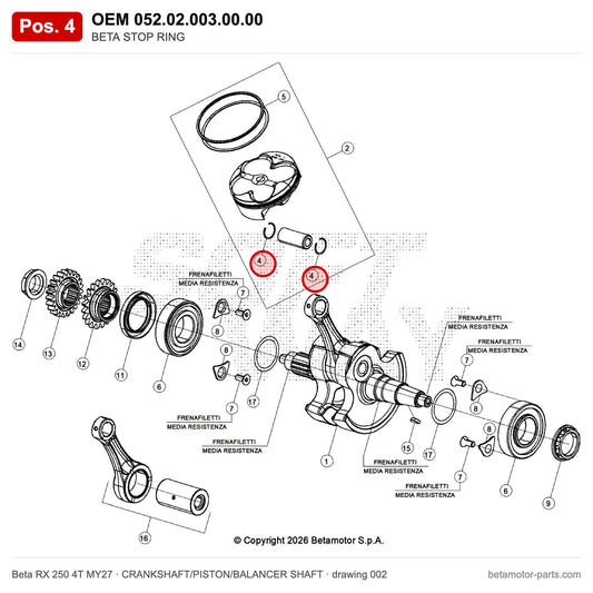 BETA STOP RING – OEM 052.02.003.00.00, position 4 on the Beta RX 250 4T MY27 crankshaft/piston drawing