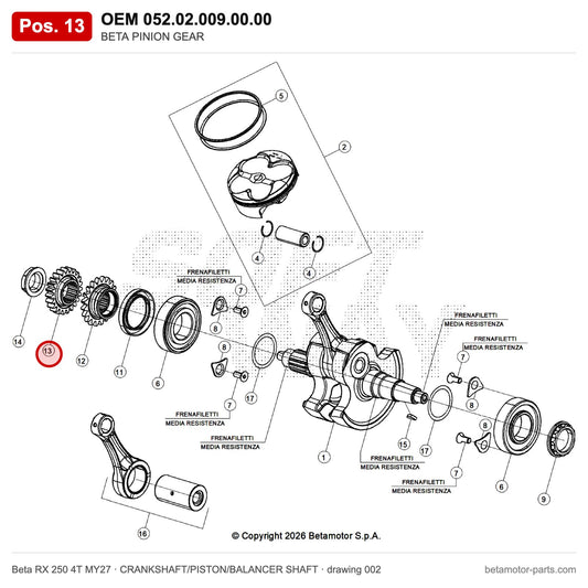 BETA PINION GEAR – OEM 052.02.009.00.00, position 13 on the Beta RX 250 4T MY27 crankshaft/piston/balancer shaft drawing