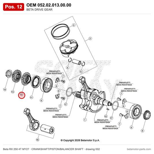 BETA DRIVE GEAR – OEM 052.02.013.00.00, position 12 on the Beta RX 250 4T MY27 crankshaft/piston/balancer shaft drawing