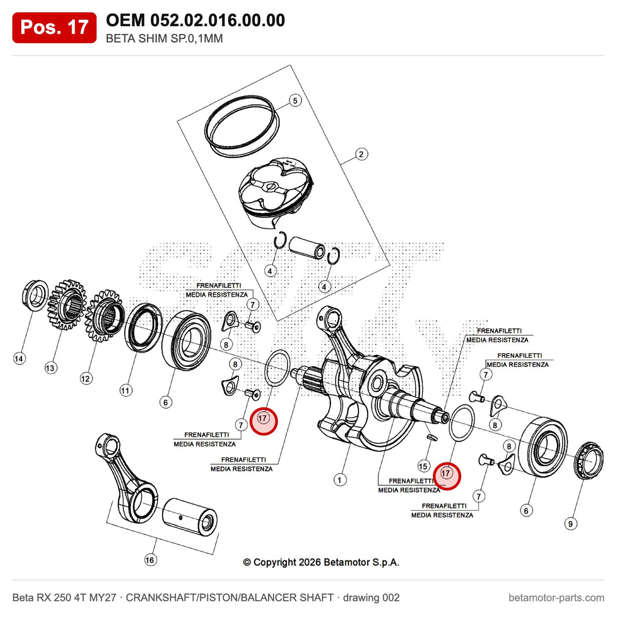 BETA SHIM SP.0,1MM – OEM 052.02.016.00.00, position 17 on the Beta RX 250 4T MY27 crankshaft/piston/balancer shaft drawing
