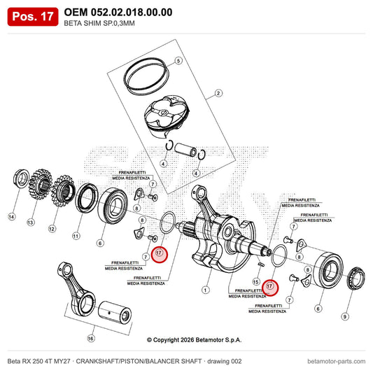 BETA SHIM SP.0,3MM – OEM 052.02.018.00.00, position 17 on the Beta RX 250 4T MY27 crankshaft/piston/balancer shaft drawing