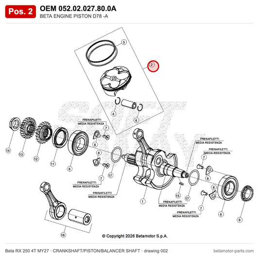BETA ENGINE PISTON D78 -A – OEM 052.02.027.80.0A, position 2 on the Beta RX 250 4T MY27 crankshaft/piston/balancer shaft drawing