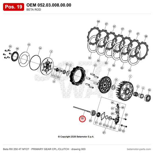 BETA ROD – OEM 052.03.008.00.00, position 19 on the Beta RX 250 4T MY27 primary gear cpl./clutch drawing