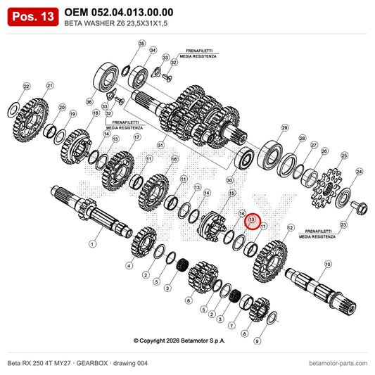 BETA WASHER Z6 23,5X31X1,5 – OEM 052.04.013.00.00, position 13 on the Beta RX 250 4T MY27 gearbox drawing