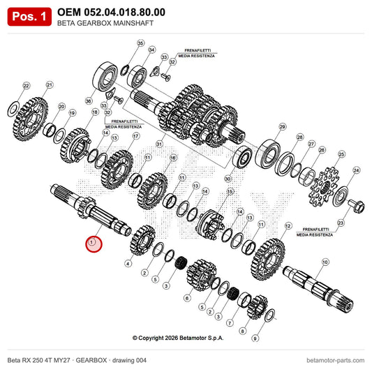 BETA GEARBOX MAINSHAFT – OEM 052.04.018.80.00, position 1 on the Beta RX 250 4T MY27 gearbox drawing