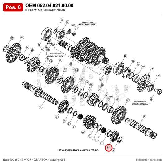 BETA 2° MAINSHAFT GEAR – OEM 052.04.021.00.00, position 8 on the Beta RX 250 4T MY27 gearbox drawing
