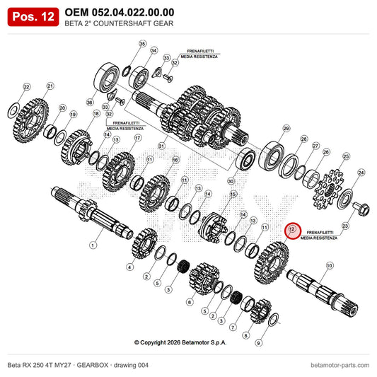 BETA 2° COUNTERSHAFT GEAR – OEM 052.04.022.00.00, position 12 on the Beta RX 250 4T MY27 gearbox drawing