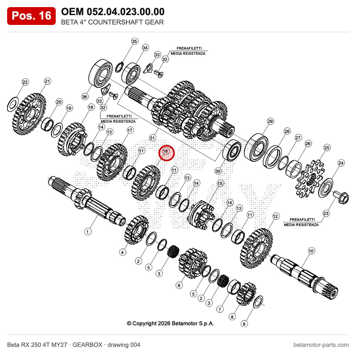 BETA 4° COUNTERSHAFT GEAR – OEM 052.04.023.00.00, position 16 on the Beta RX 250 4T MY27 gearbox drawing