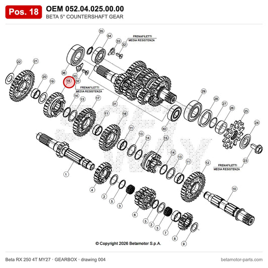 BETA 5° COUNTERSHAFT GEAR – OEM 052.04.025.00.00, position 18 on the Beta RX 250 4T MY27 gearbox drawing