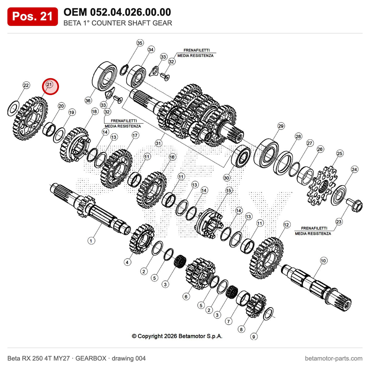 BETA 1° COUNTER SHAFT GEAR – OEM 052.04.026.00.00, position 21 on the Beta RX 250 4T MY27 gearbox drawing
