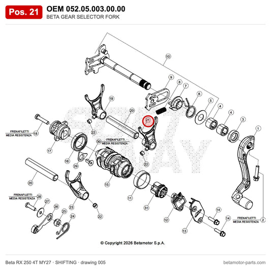 BETA GEAR SELECTOR FORK – OEM 052.05.003.00.00, position 21 on the Beta RX 250 4T MY27 shifting drawing
