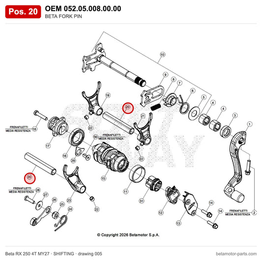 BETA FORK PIN – OEM 052.05.008.00.00, position 20 on the Beta RX 250 4T MY27 shifting drawing
