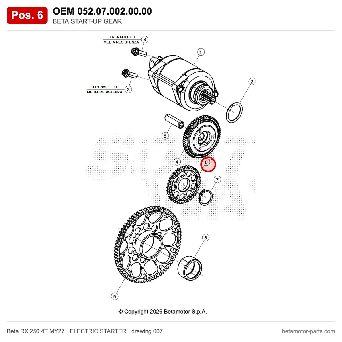 BETA START-UP GEAR – OEM 052.07.002.00.00, position 6 on the Beta RX 250 4T MY27 elettricstarter drawing