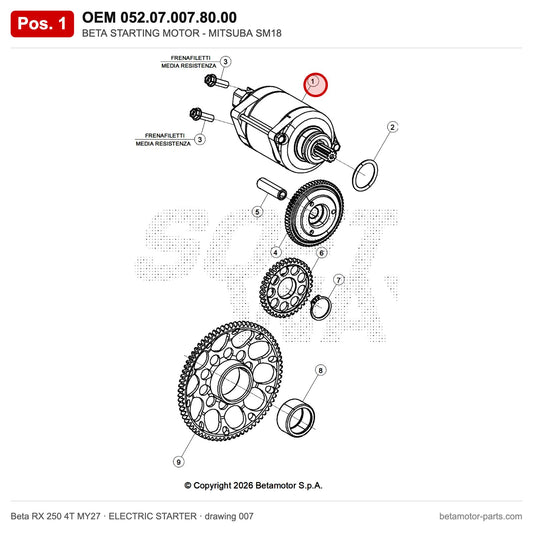 BETA STARTING MOTOR - MITSUBA SM18 – OEM 052.07.007.80.00, position 1 on the Beta RX 250 4T MY27 elettricstarter drawing