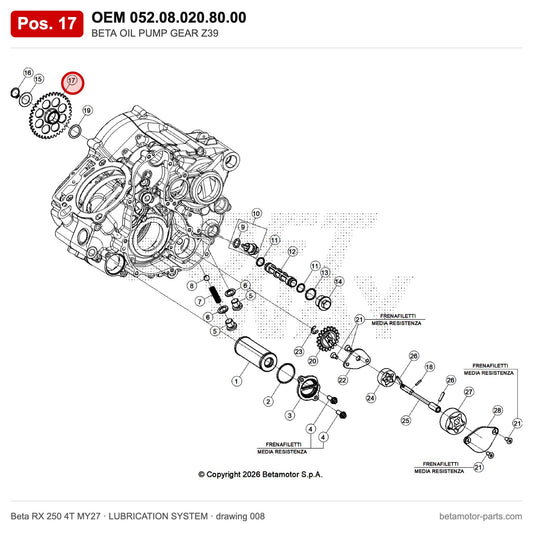 BETA OIL PUMP GEAR Z39 – OEM 052.08.020.80.00, position 17 on the Beta RX 250 4T MY27 lubrication system drawing