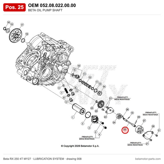 BETA OIL PUMP SHAFT – OEM 052.08.022.00.00, position 25 on the Beta RX 250 4T MY27 lubrication system drawing