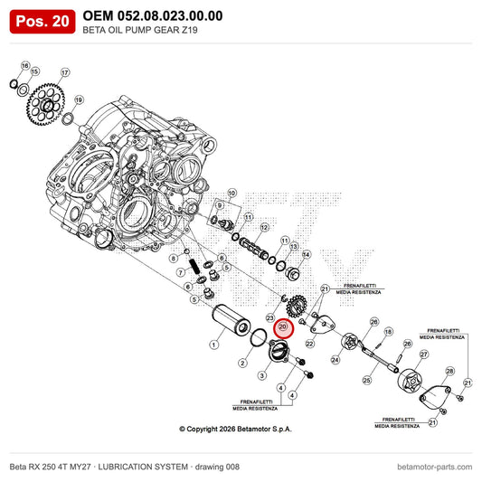 BETA OIL PUMP GEAR Z19 – OEM 052.08.023.00.00, position 20 on the Beta RX 250 4T MY27 lubrication system drawing