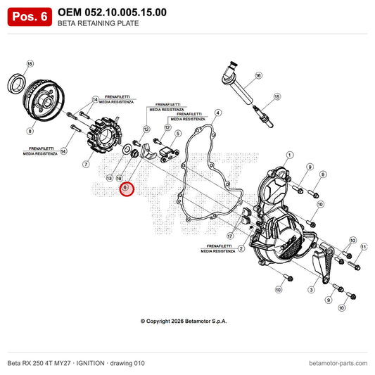 BETA RETAINING PLATE – OEM 052.10.005.15.00, position 6 on the Beta RX 250 4T MY27 ignition drawing