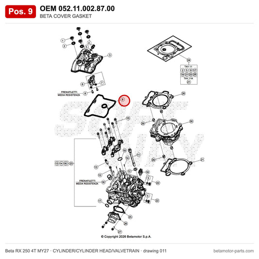 BETA COVER GASKET – OEM 052.11.002.87.00, position 9 on the Beta RX 250 4T MY27 cylinder/cylinder head/valvetrain drawing