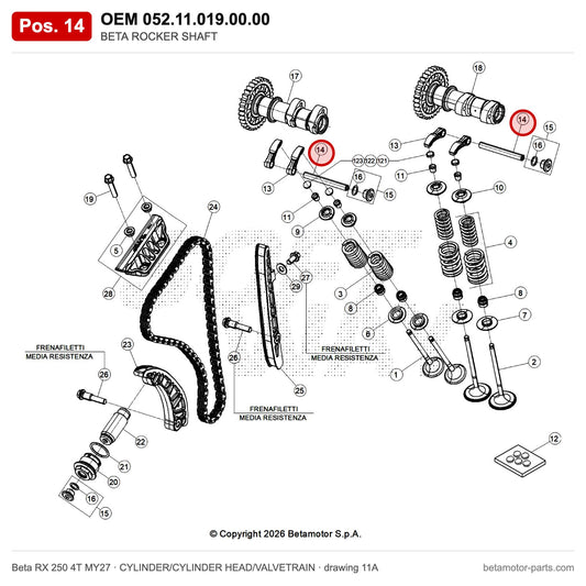 BETA ROCKER SHAFT – OEM 052.11.019.00.00, position 14 on the Beta RX 250 4T MY27 cylinder/cylinder head/valvetrain drawing