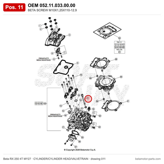 BETA SCREW M10X1,25X110-12.9 – OEM 052.11.033.00.00, position 11 on the Beta RX 250 4T MY27 cylinder/cylinder head/valvetrain drawing