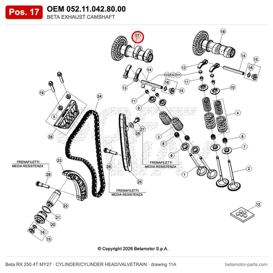 BETA EXHAUST CAMSHAFT – OEM 052.11.042.80.00, position 17 on the Beta RX 250 4T MY27 cylinder/cylinder head/valvetrain drawing