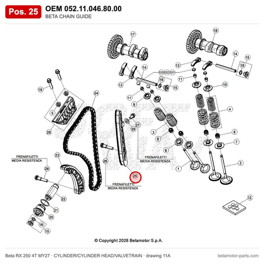 BETA CHAIN GUIDE – OEM 052.11.046.80.00, position 25 on the Beta RX 250 4T MY27 cylinder/cylinder head/valvetrain drawing