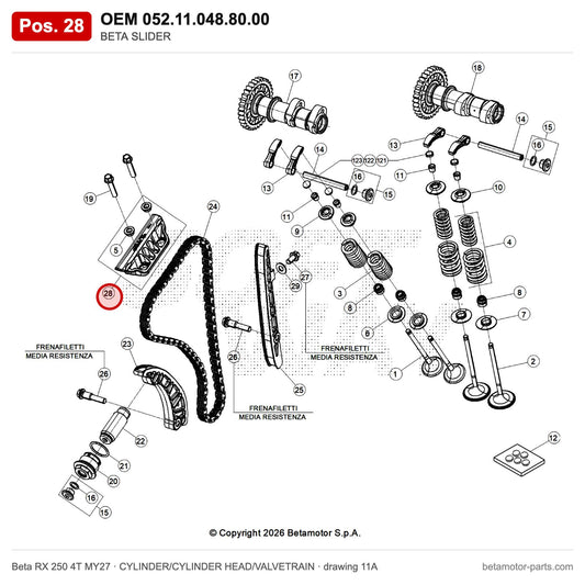 BETA SLIDER – OEM 052.11.048.80.00, position 28 on the Beta RX 250 4T MY27 cylinder/cylinder head/valvetrain drawing