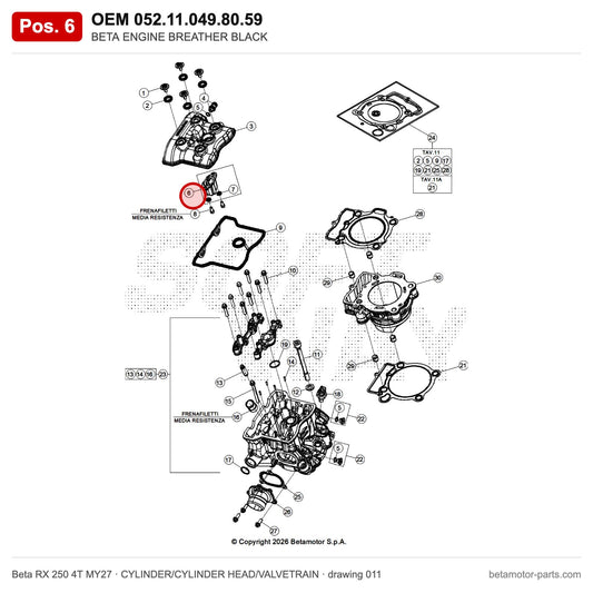 BETA ENGINE BREATHER BLACK – OEM 052.11.049.80.59, position 6 on the Beta RX 250 4T MY27 cylinder/cylinder head/valvetrain drawing