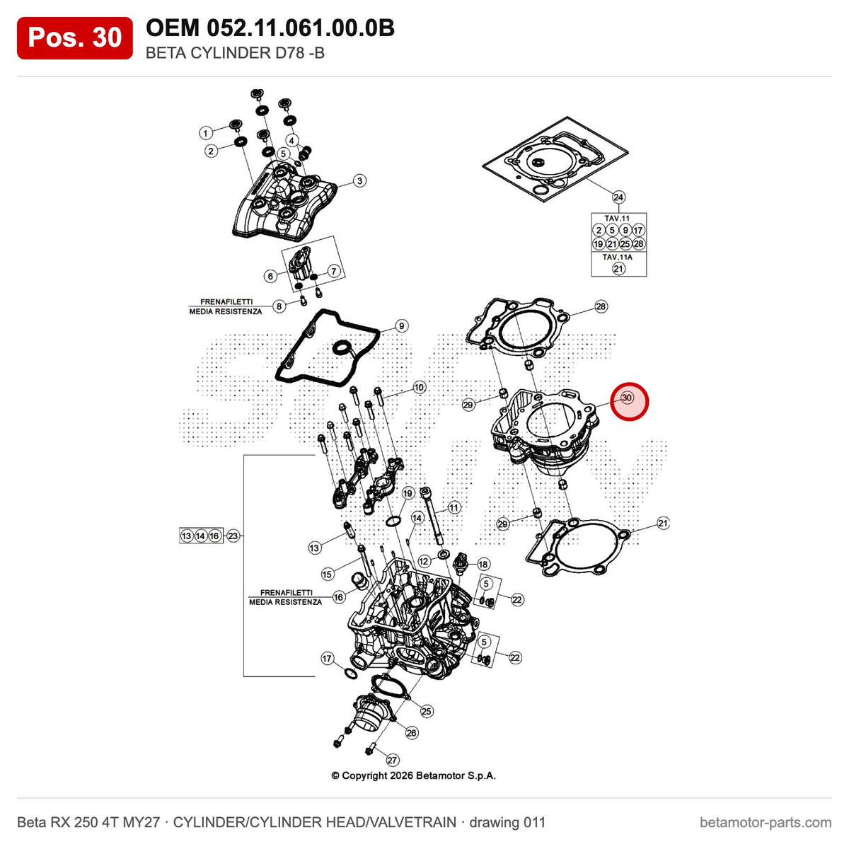 BETA CYLINDER D78 -B – OEM 052.11.061.00.0B, position 30 on the Beta RX 250 4T MY27 cylinder/cylinder head/valvetrain drawing