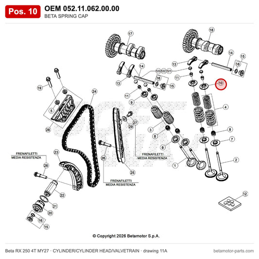 BETA SPRING CAP – OEM 052.11.062.00.00, position 10 on the Beta RX 250 4T MY27 cylinder/cylinder head/valvetrain drawing
