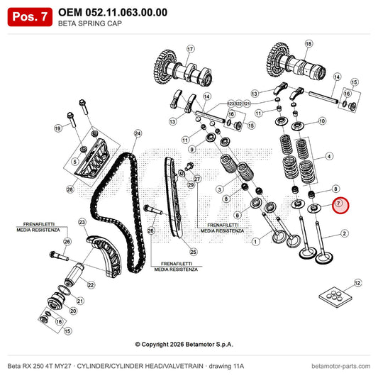 BETA SPRING CAP – OEM 052.11.063.00.00, position 7 on the Beta RX 250 4T MY27 cylinder/cylinder head/valvetrain drawing