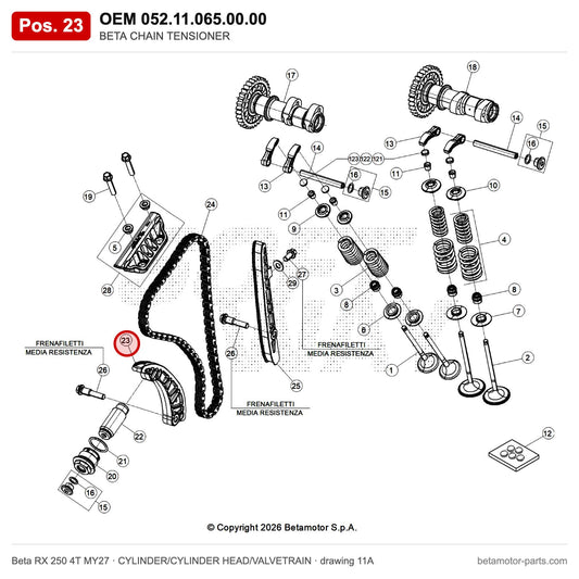 BETA CHAIN TENSIONER – OEM 052.11.065.00.00, position 23 on the Beta RX 250 4T MY27 cylinder/cylinder head/valvetrain drawing