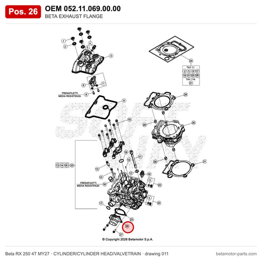 BETA EXHAUST FLANGE – OEM 052.11.069.00.00, position 26 on the Beta RX 250 4T MY27 cylinder/cylinder head/valvetrain drawing