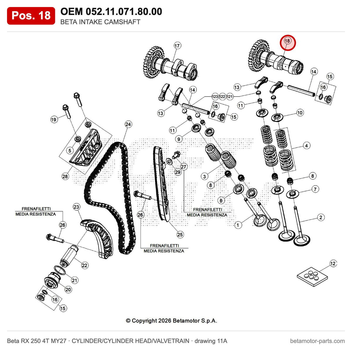 BETA INTAKE CAMSHAFT – OEM 052.11.071.80.00, position 18 on the Beta RX 250 4T MY27 cylinder/cylinder head/valvetrain drawing